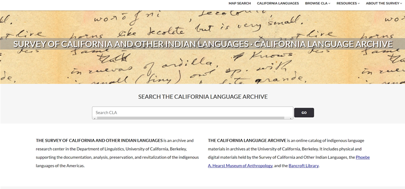 screenshot of the California Language Archive
