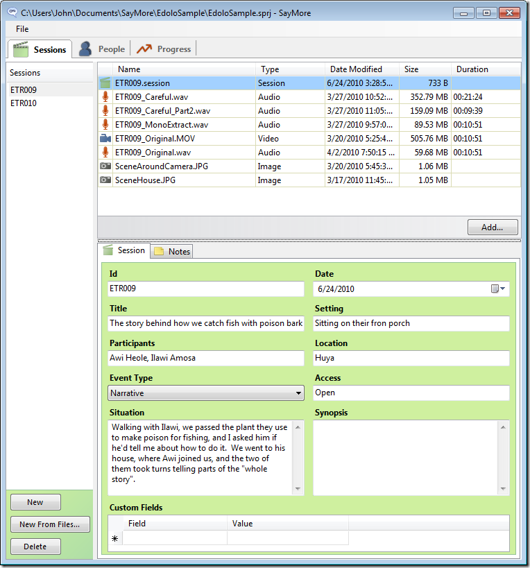 screenshot of files in a SayMore project